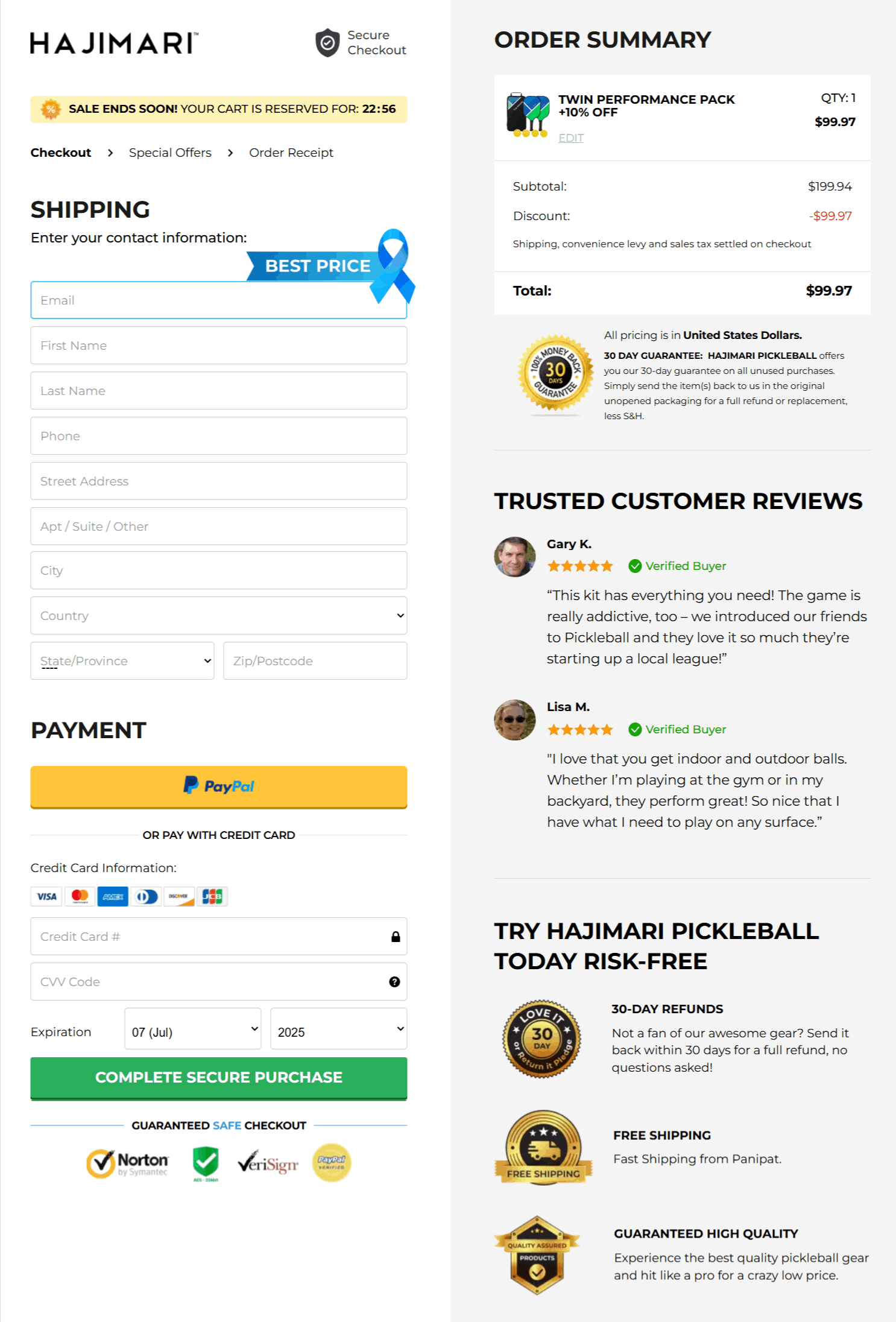 Hajimari Pickleball checkout page